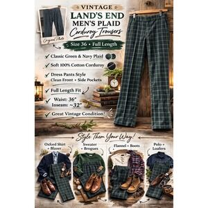 Vintage Lands End Plaid Corduroy Trousers Green Navy Blue Cotton Pants 36x32